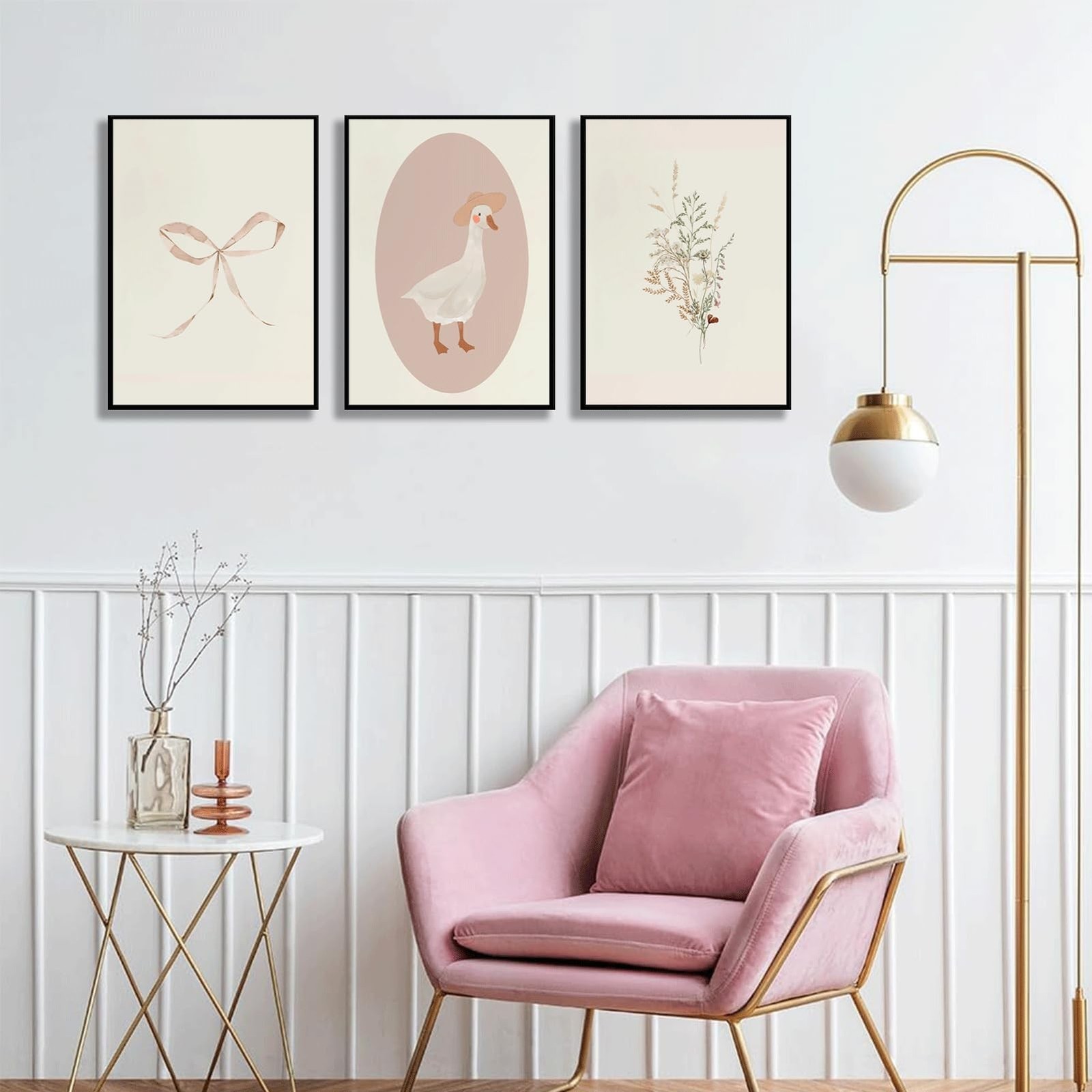 3Pcs Girls Nursery Wall Art Vintage Goose Wall Decor Pictures Pink Bow Poster…