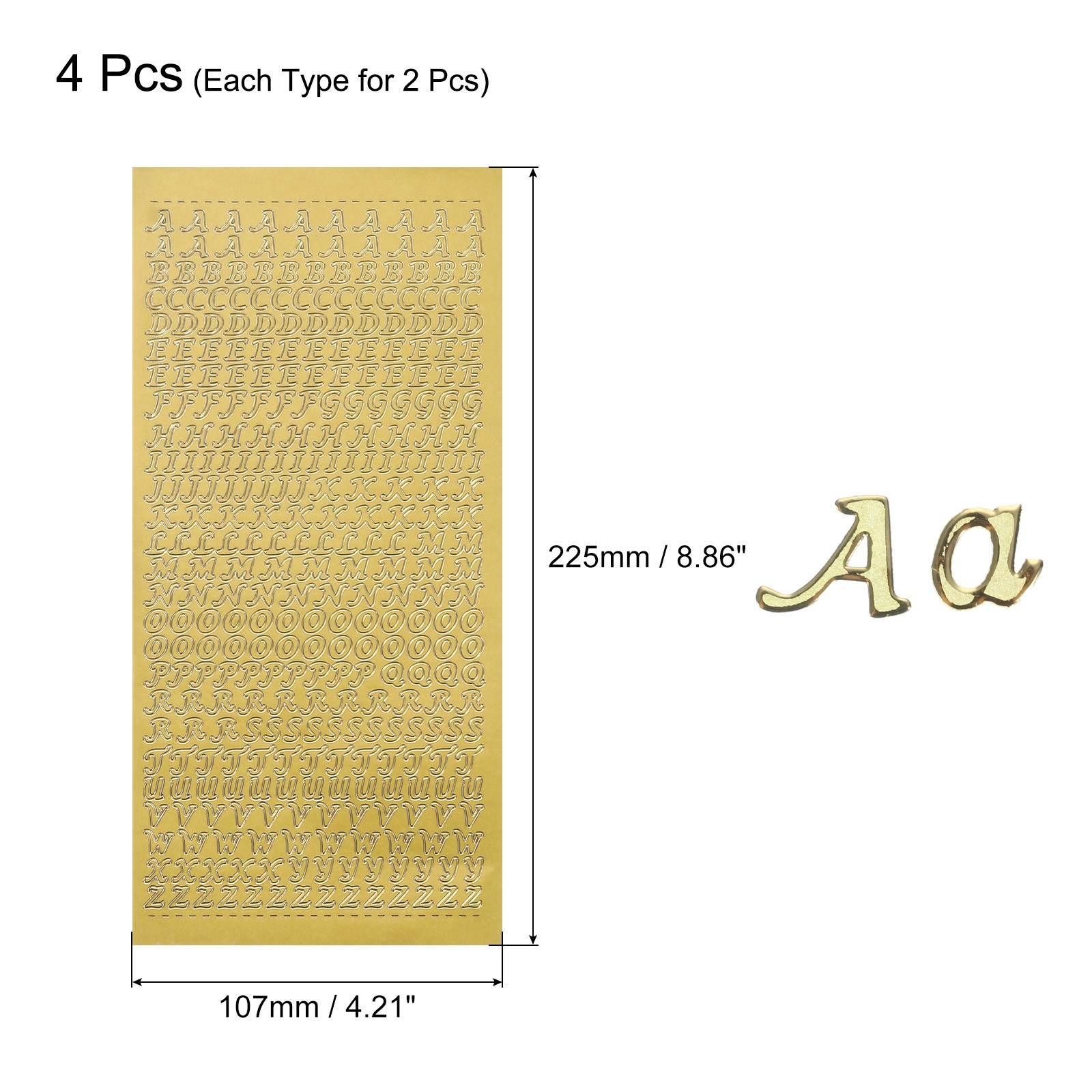 4 Sheets Alphabet Letter Sticker Gold Upper Lower a to Z Self Adhesive