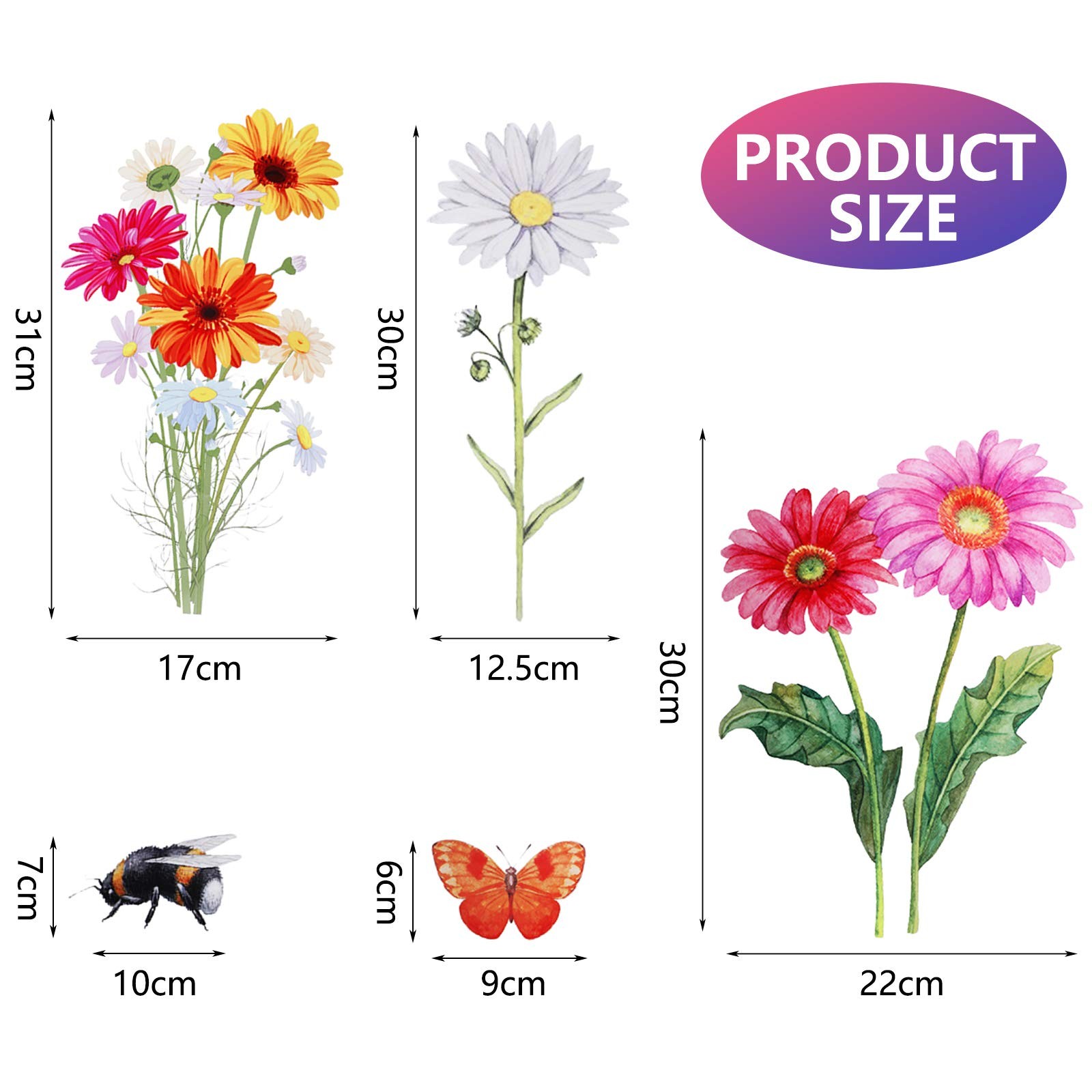 Zonon 64 Pcs Flowers and Butterflies Wall Decals, Wildflower Colorful