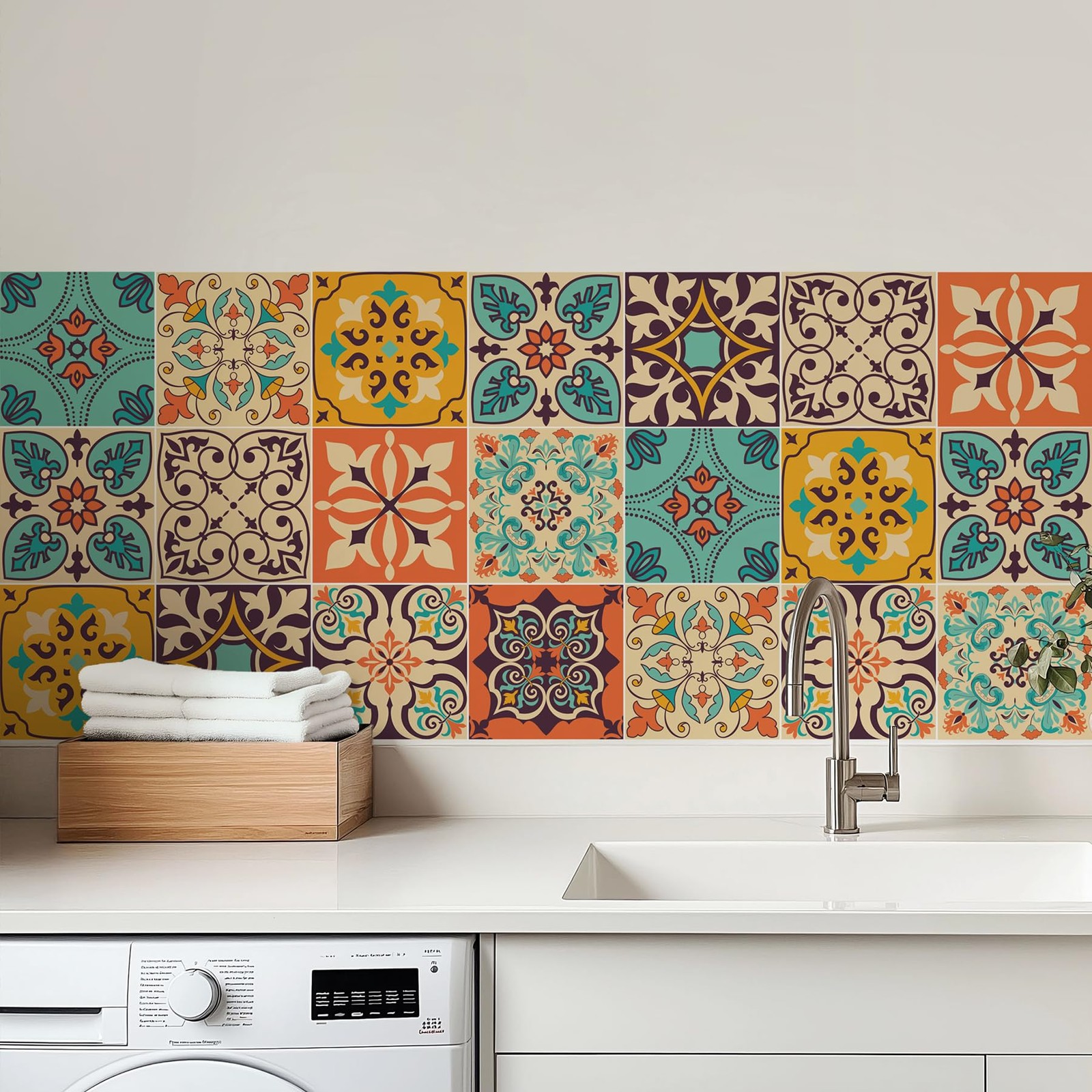 16 Pack, 5.9 Inch Terracotta and Teal Tile Stickers, Bohemian Patchwork Peel …