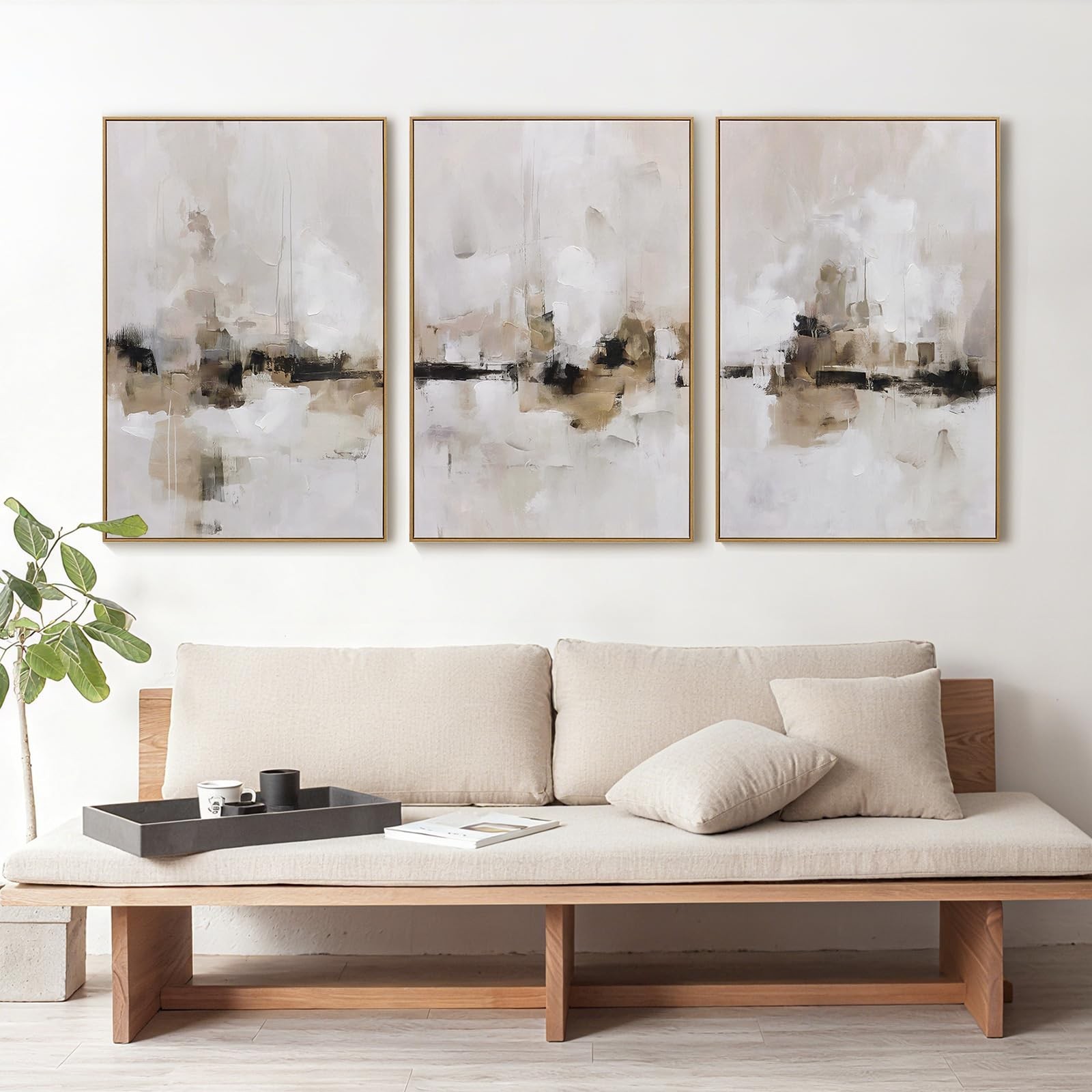 Abstract Neutral Textured Framed Canvas Wall Art Set, Minimalist Wall Decor A…