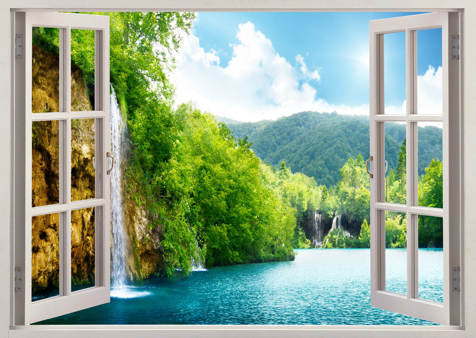 Nature Lake Waterfall 3D Effect Window Mountain View Sticker Wall Poster Vin 196