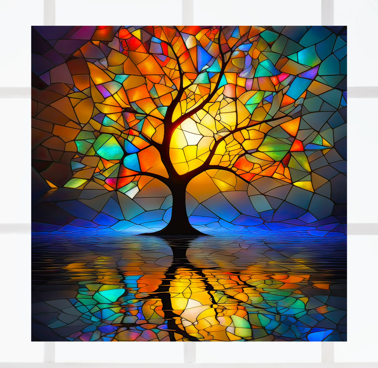 Tree with Reflection ~ Faux Stained-Glass WINDOW CLING Size 8" Square Vinyl