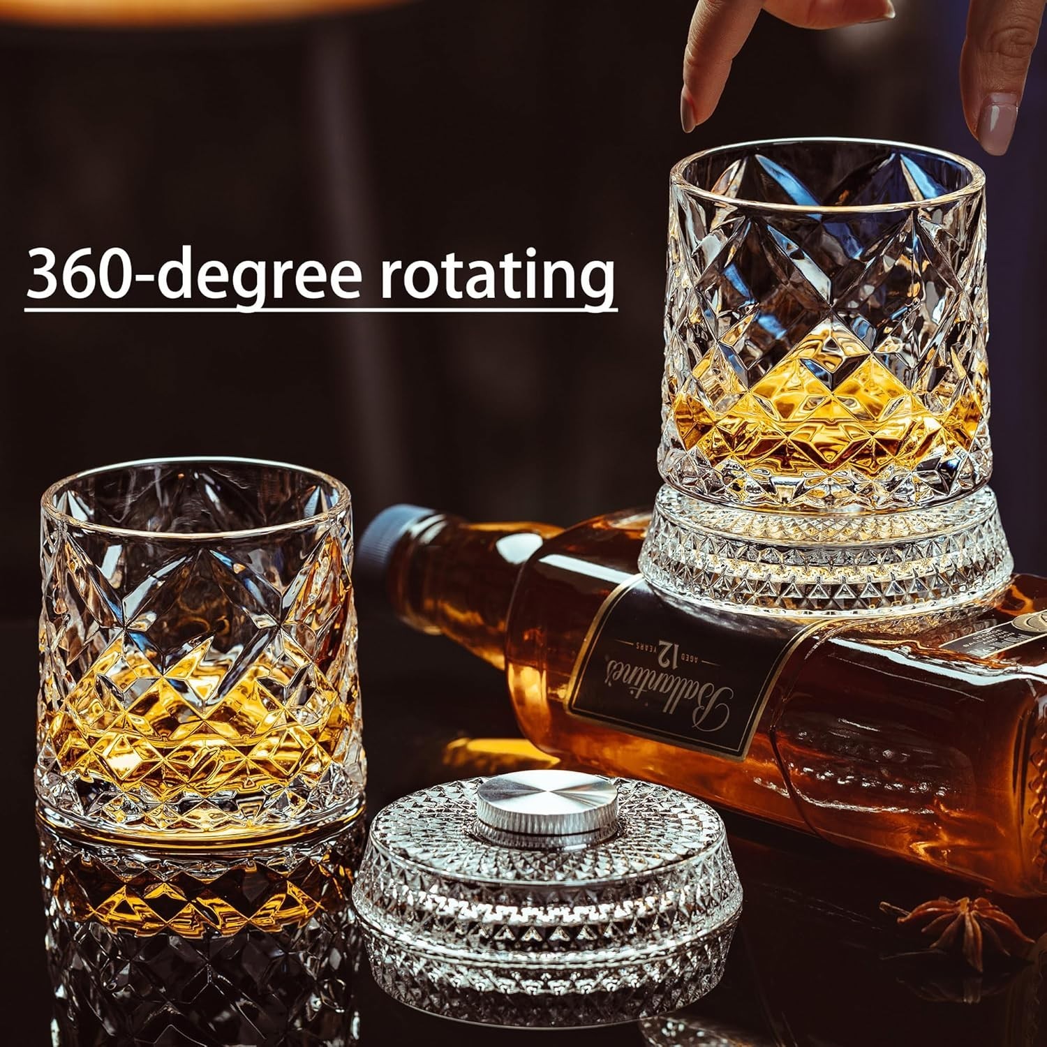 Spinning Whiskey Glasses Set of 4 with Iceball Molds, 9.5Oz Lead-Free Rotatable