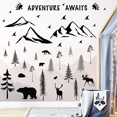 4 Sheets Mountain Wall Decal Rustic Nursery 11.8×9.5 Inch (Pack of 4) Black