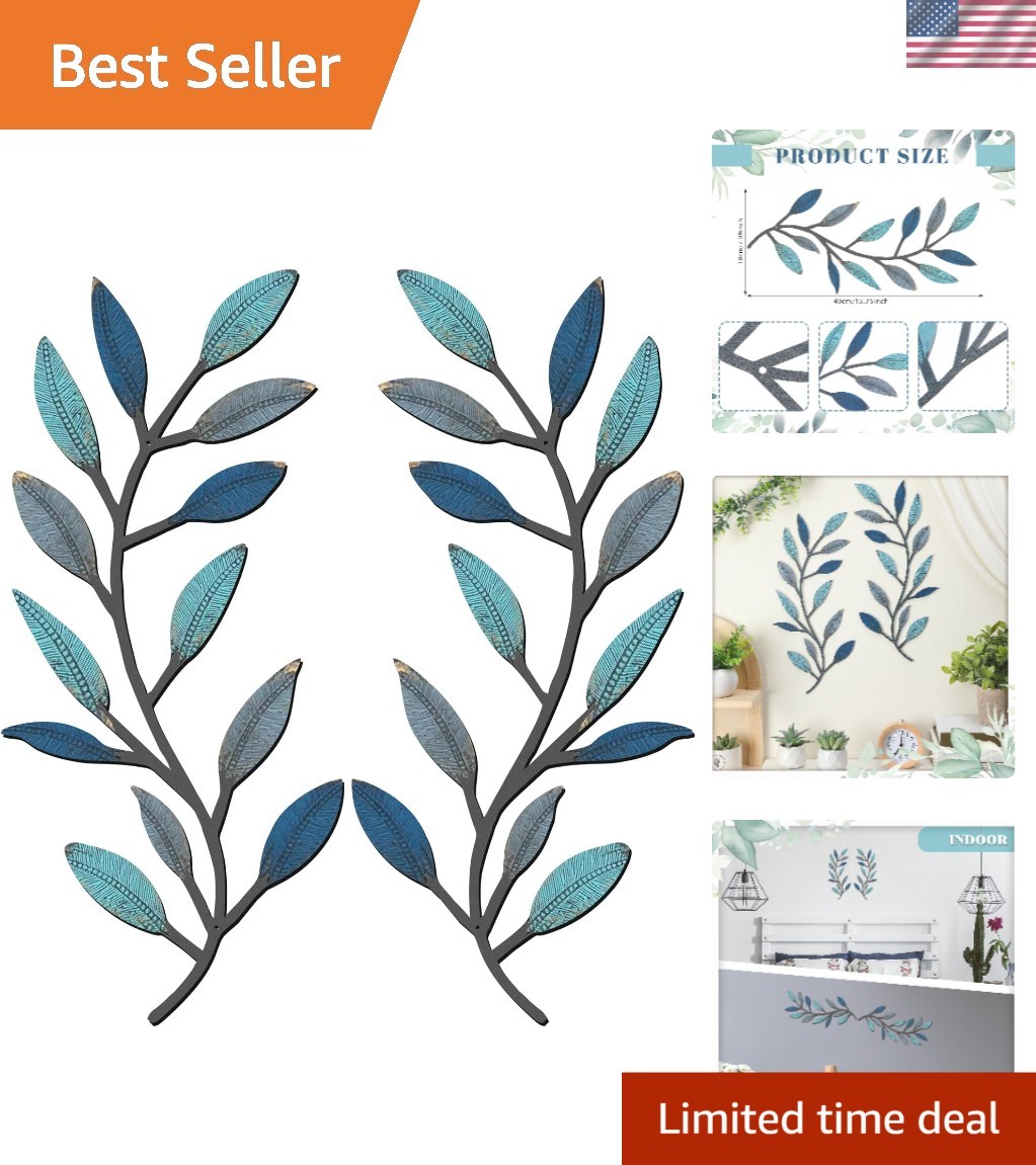 Stylish Vintage Blue Olive Branch Wall Art Set – 2 Durable Metal Pieces