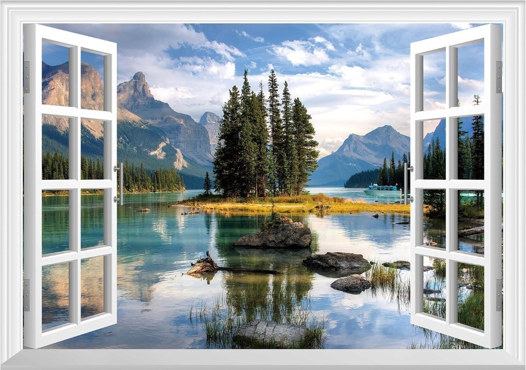 Fake Window Wall Mural – Trees in The Lake Peel and Stick Decals Set of 2 Sheet