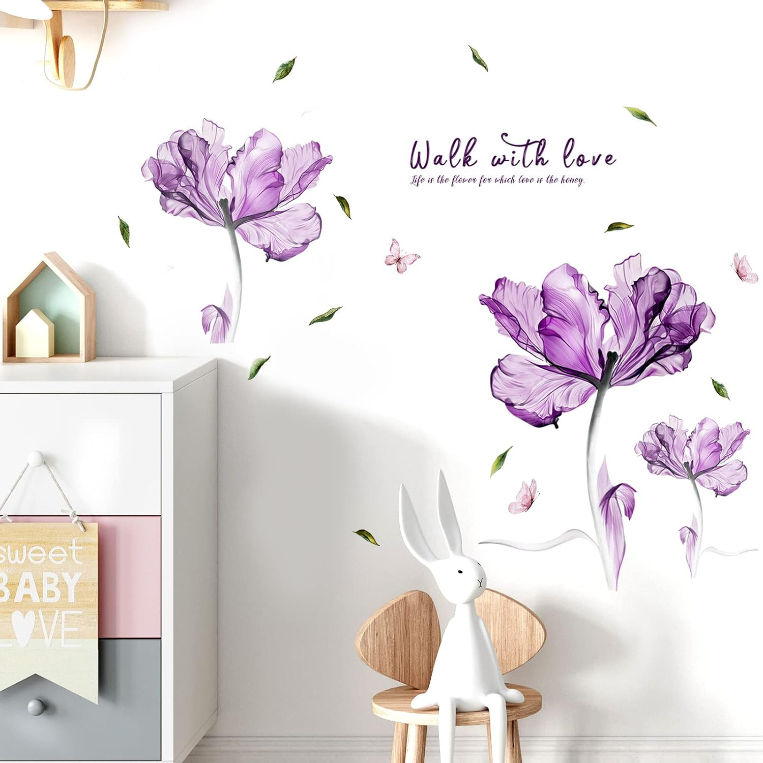 Flowers Wall Sticker Watercolor Purple Floral Wall Decal DIY Butterfly Flower Ar