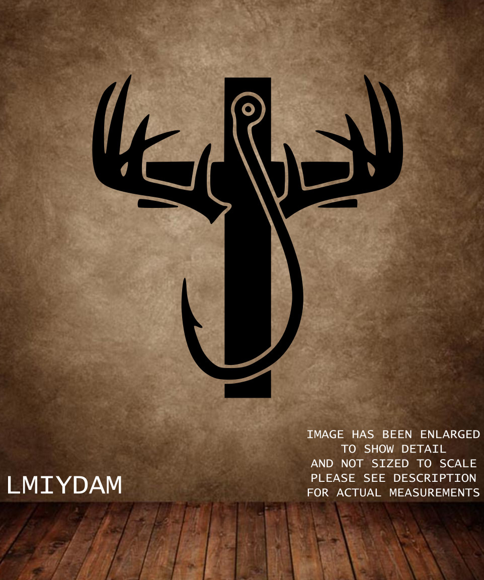 FISH HOOK DEER ANTLERS CROSS COUNTRY WALL VINYL DECAL LARGE 22X23" COLOR CHOICES