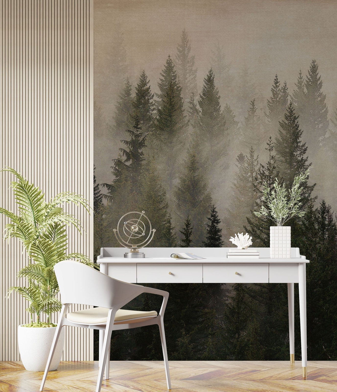 Misty Pine Tree Forest Landscape Wallpaper. Peel and Stick Wall Mural. Self Adhe