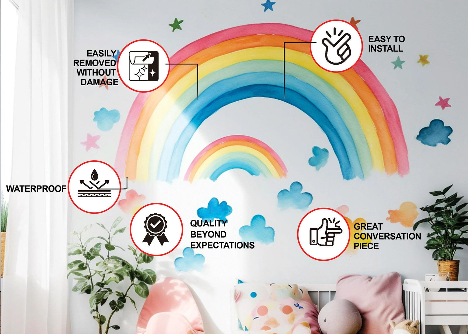 Boho Rainbow Wall Decor Stickers – Watercolor Clouds Stars Decals – Blue Cloud