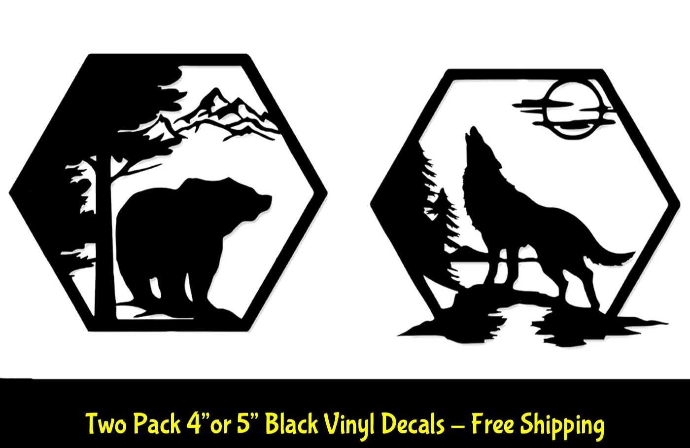 Bear & Wolf Mountain Forest Hexagon Shape Two 5" Black Vinyl Decal Car Window