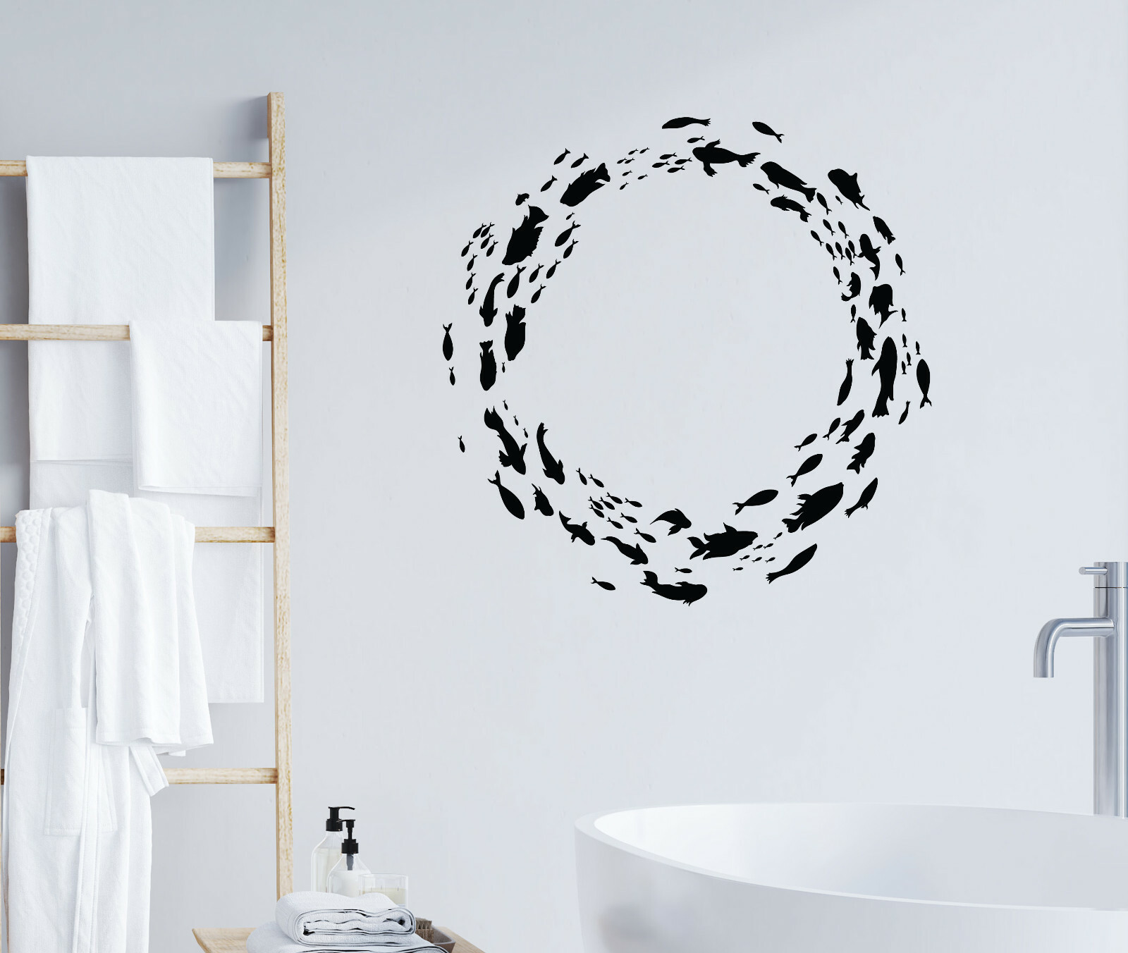 Wall Decal Bathroom Circle Fishes Ocean Marine Vinyl Decor 22.5 in x 23 in gz385