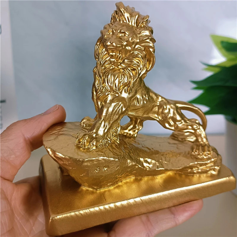 Golden Chinese Lion Resin Statues Feng Shui Animal Home Office Decor