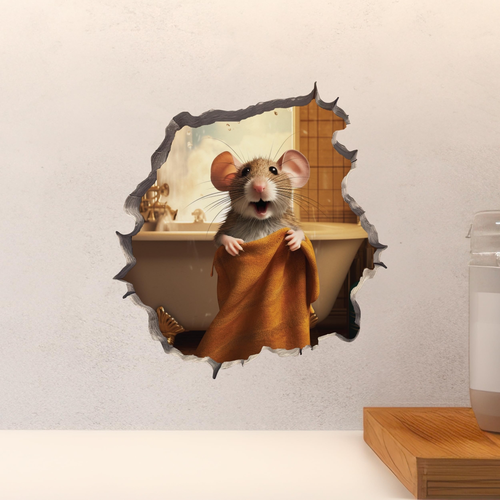 Bathroom Towel Mouse Wall Hole Decal – Wall Sticker with 3D Effect – Fun Gift…