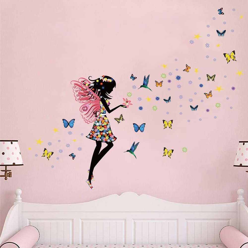 Butterfly Girl Wall Sticker – Colorful Fairy Wall Decal, Floral DIY Removable…