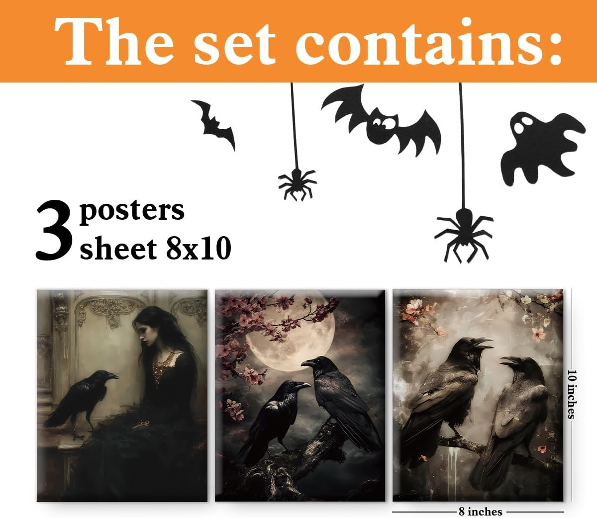 3Pcs Gothic Raven Halloween Wall Art Prints Creepy Dark Moody Crow Posters Artwo