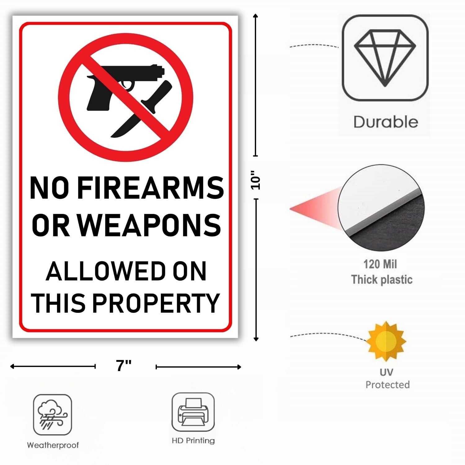 (2 Pack) No Firearms Guns Or Weapons Allowed Sign, 10 x 7 Inches, 120 Mil Pla…