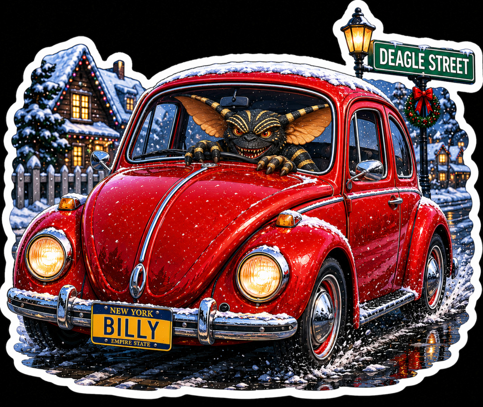 Stripe Gremlin Driving Red VW Beetle Vinyl Sticker Decal