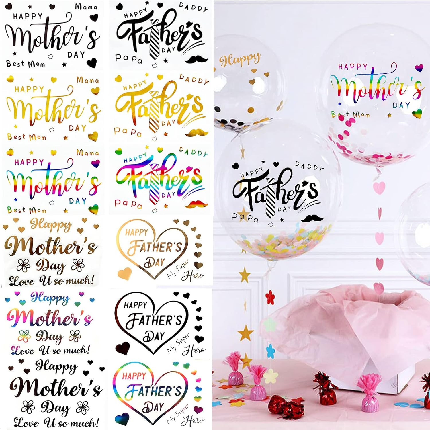 Mother'S Day Balloon Stickers Happy Mom Decals 12 Pcs Gold Black Rainbow Decor