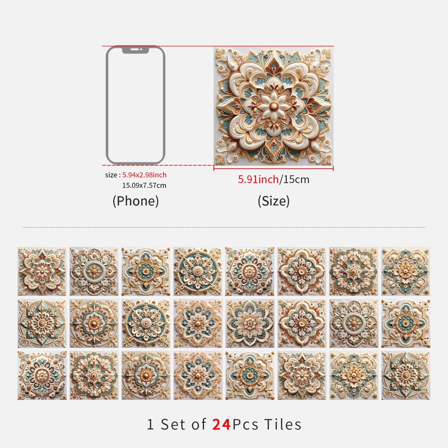 Self Adhesive PVC Tiles Decal, 5.91×5.91 inch, 24pcs