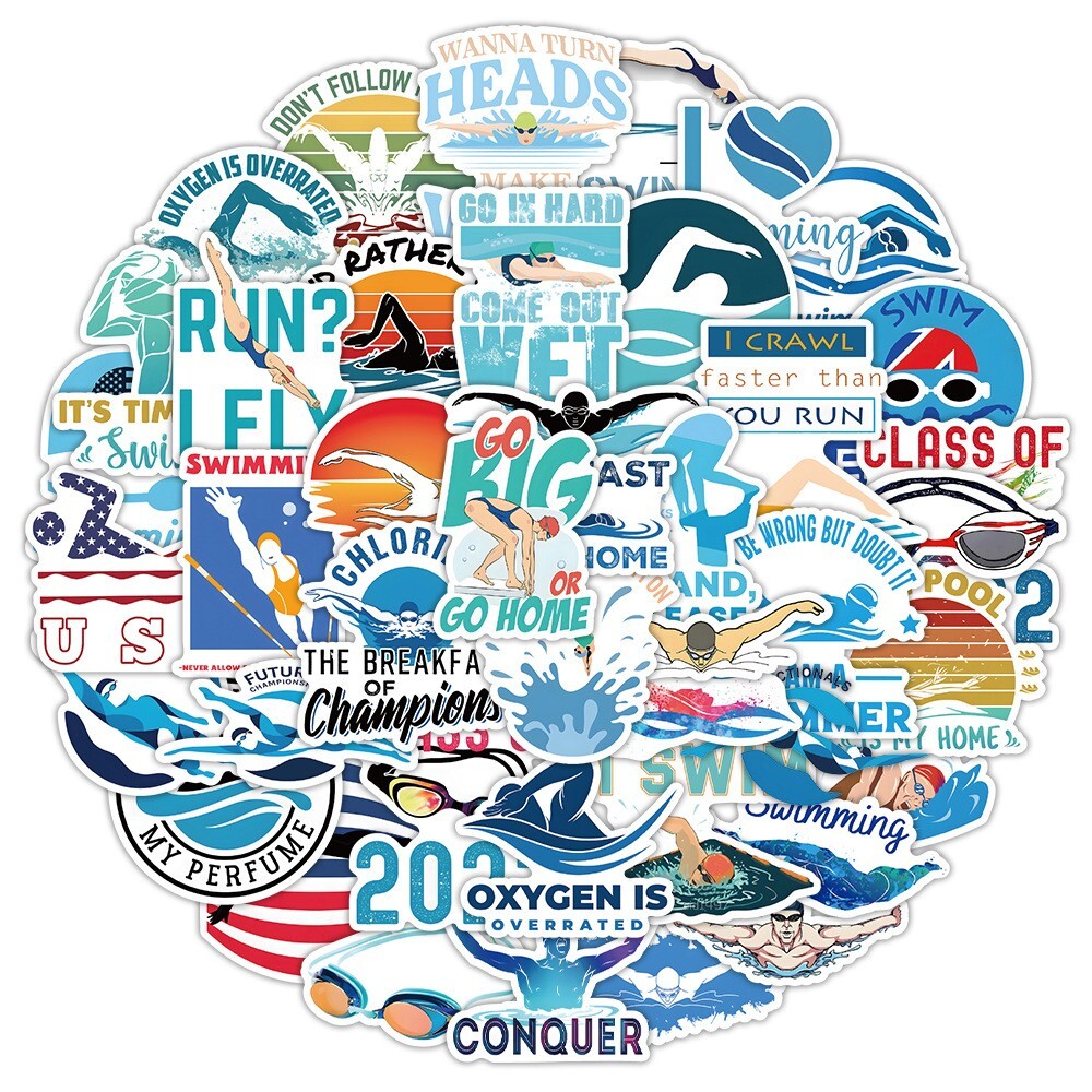 50pcs Swimming stickers, Waterproof Non-residue Stickers, #132