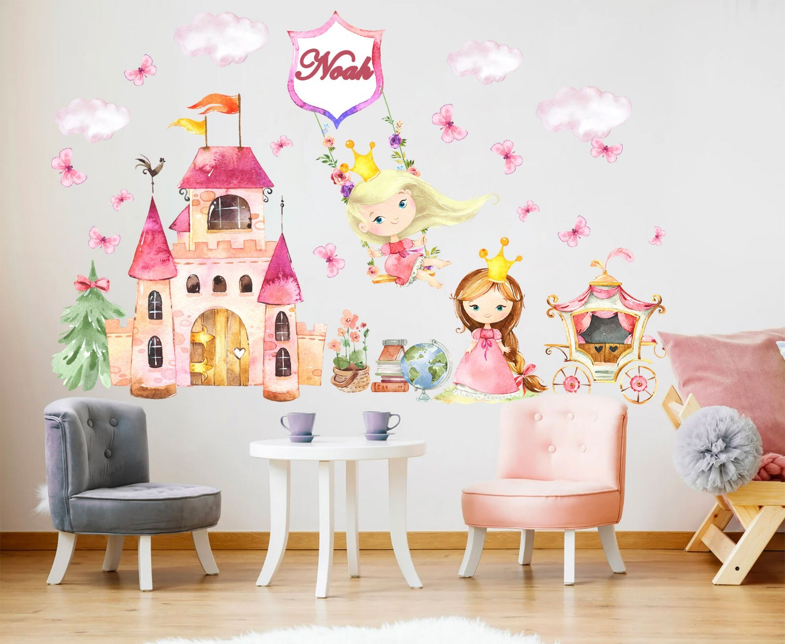 Princess Castle Personalisation Name Carriage Flowers Nursery Wall Decal Sticker