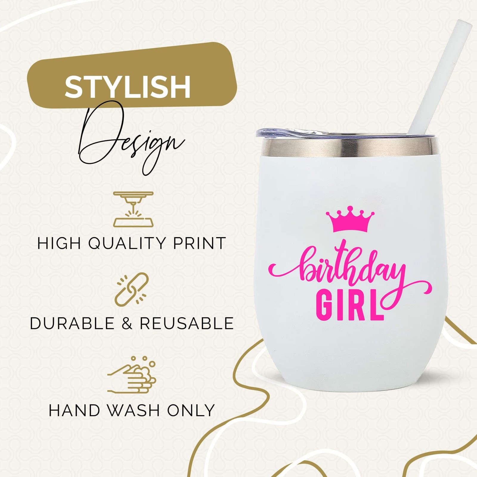 Your Dream Party Shop Birthday Girl Insulated Wine Tumbler, 12oz – White Stai…