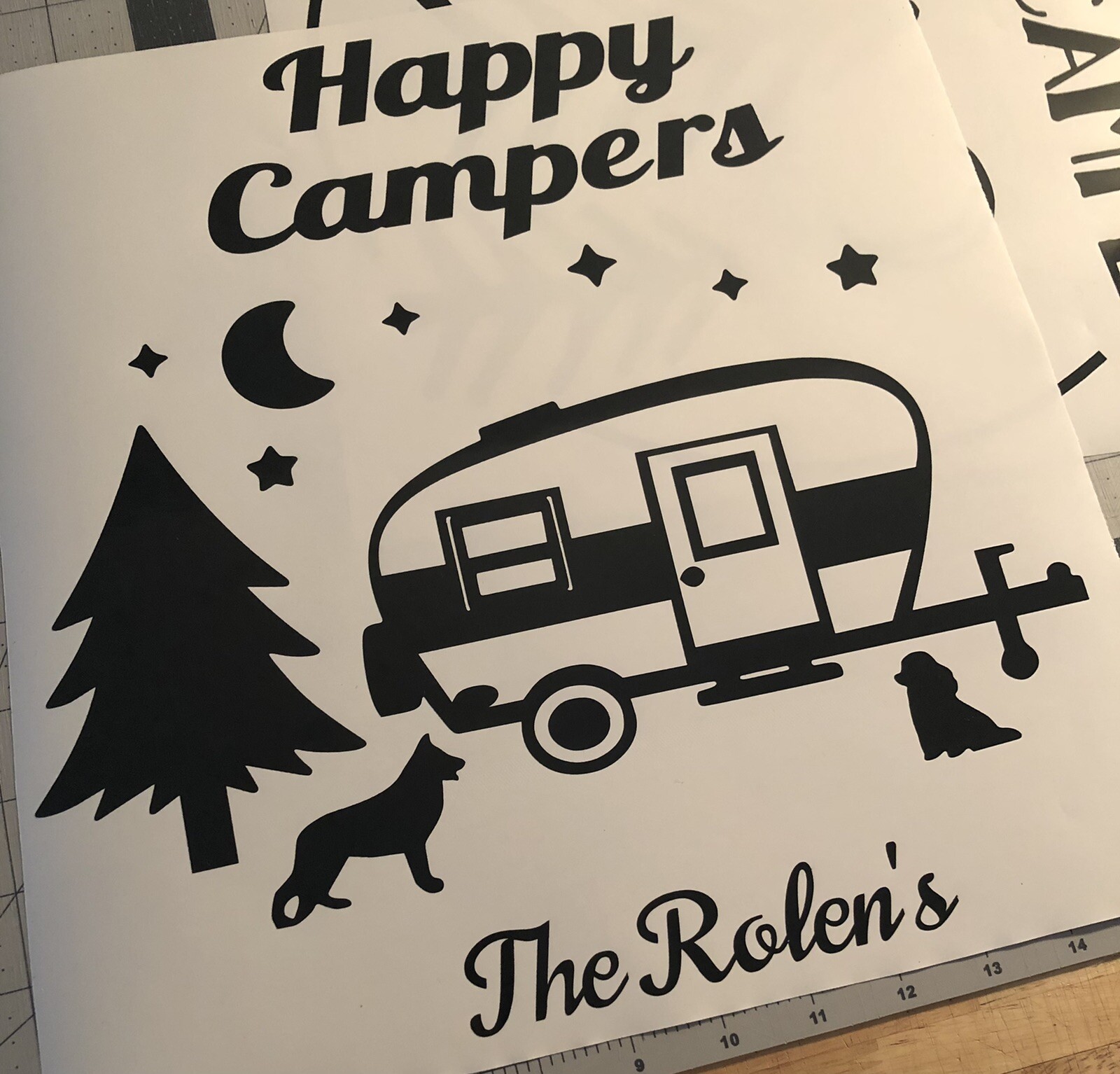 Vinyl Decal – Happy Campers, Campsite (May Customize w/ Name), Various Colors