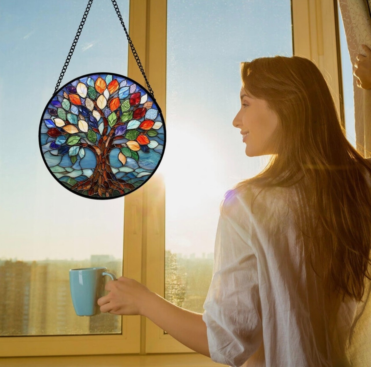 10 in. Stained Glass Sun Catcher, Blue Tree of Life Window Hanging