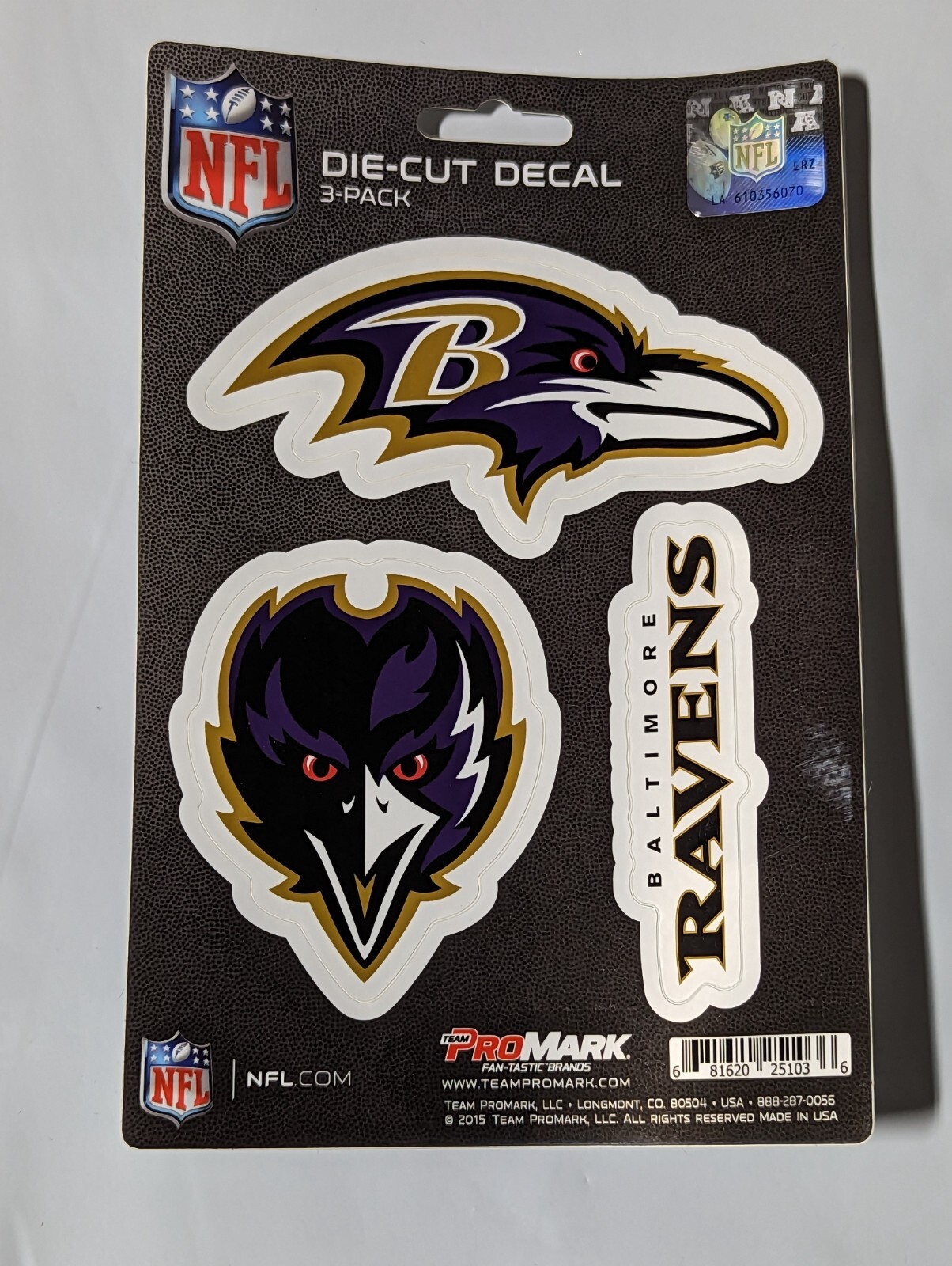 Baltimore Ravens 3-Pack Die-cut Decals Stickers Sheet Measures 5" x 7" New!