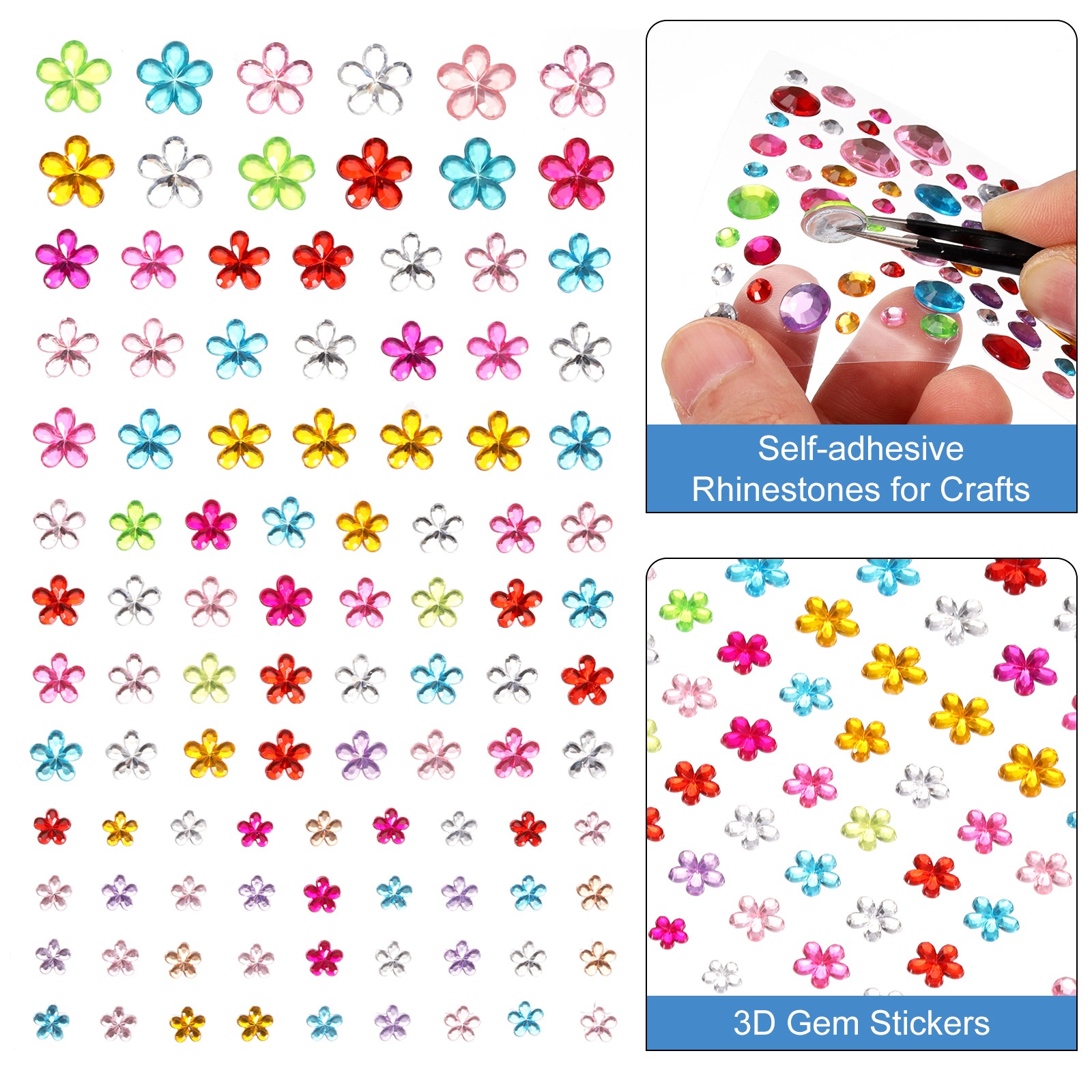 101Pcs Gems Stickers for Crafts, 5 Sheet Flower Rhinestone Stickers, Multicolor