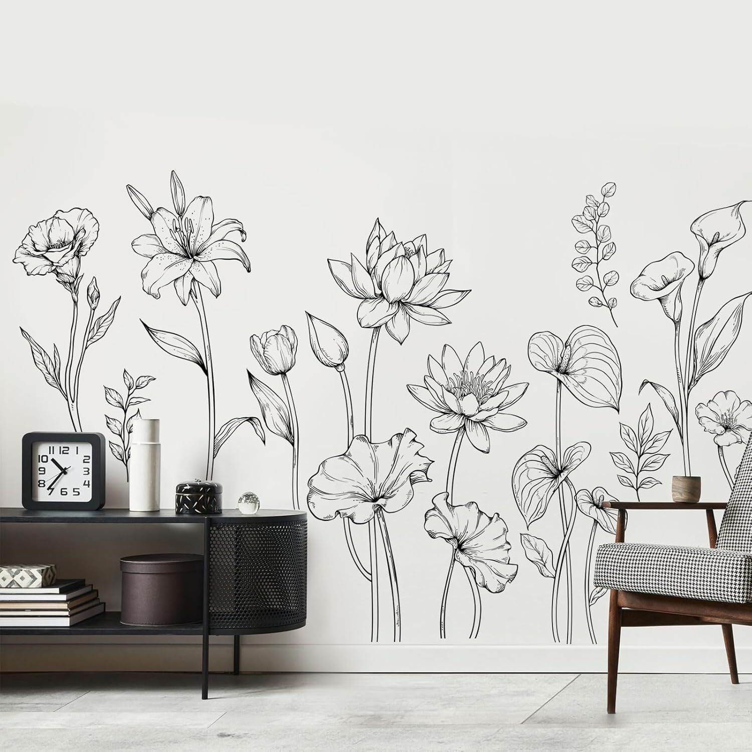 Large Black and White Flower Wall Decals Simple Modern Multi-colored