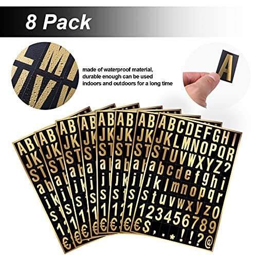 8 Sheets Self-Adhesive Vinyl Letters Numbers Kit, Mailbox 1 Inch Gold in Black