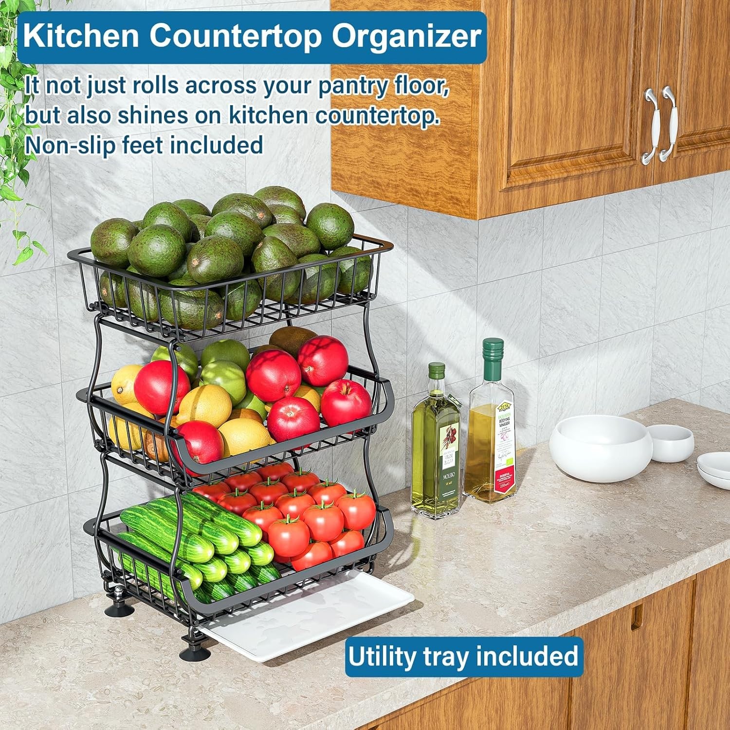 Pantry Storage Cart Fruit Basket Stand 3 Tier Stackable Wire Basket Organizer