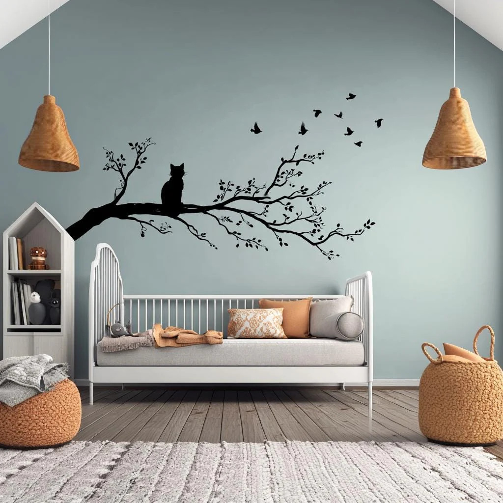 Cat on Tree Branch Wall Decal | Vinyl Cat and Birds Sticker