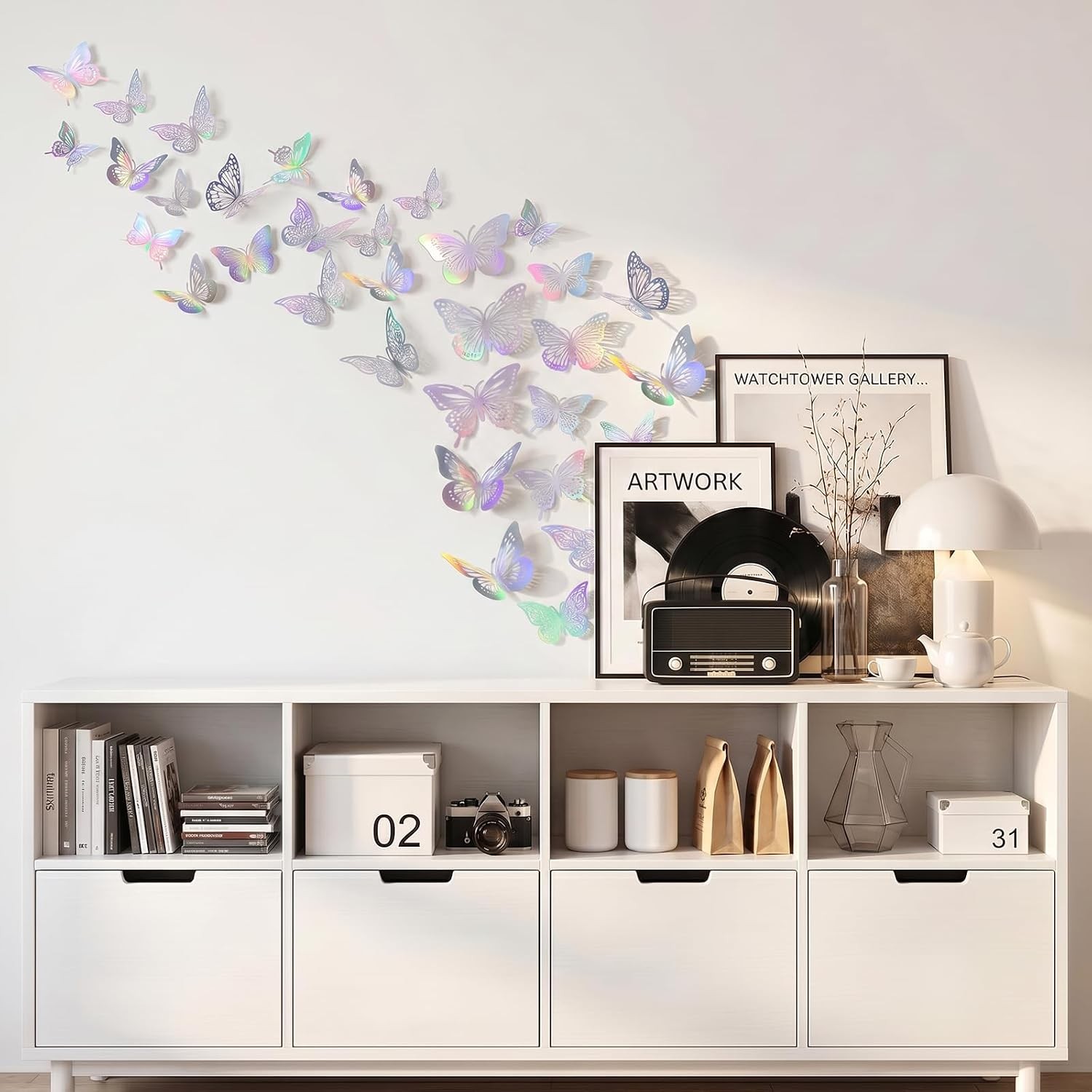 48Pcs 3D Butterfly Wall Stickers Silver Laser Decals Wedding Cake Party Decor