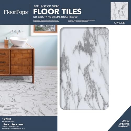 FloorPops FP3329 Opaline Peel Stick Floor Tiles, 10 Sq Ft (Pack of 1), White