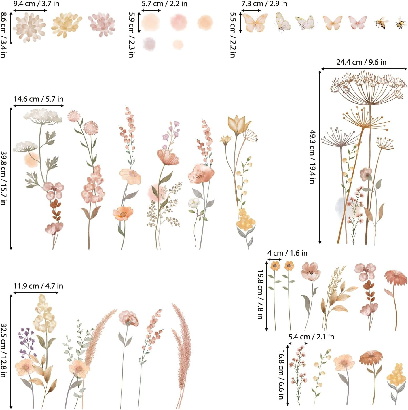 Boho Watercolor Flower Wall Decal Stickers Floral Wildflower Dandelion Peel