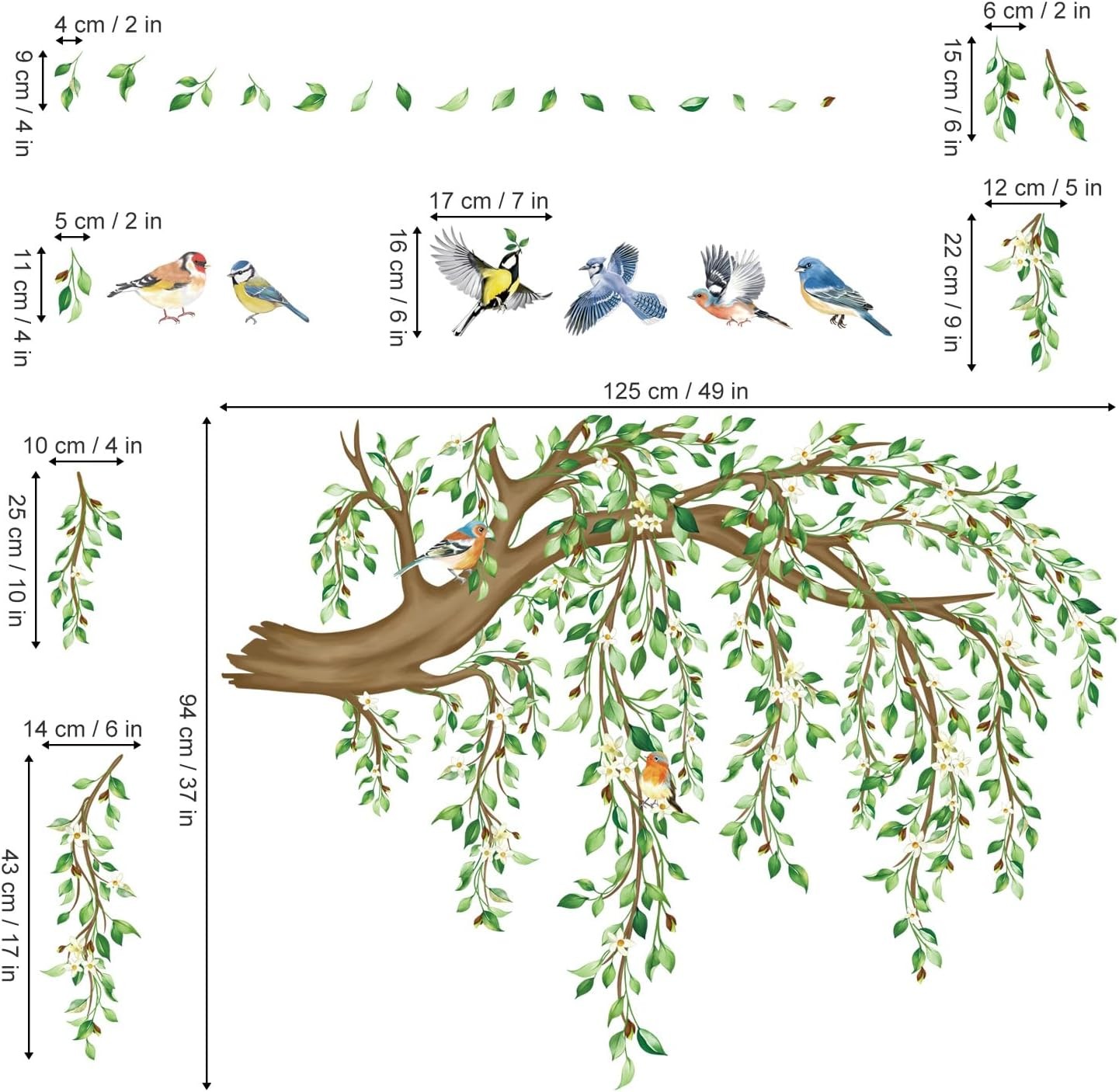 Large Hanging Vine Wall Stickers Tree Branch Green Leaf Flower Birds Wall Decals