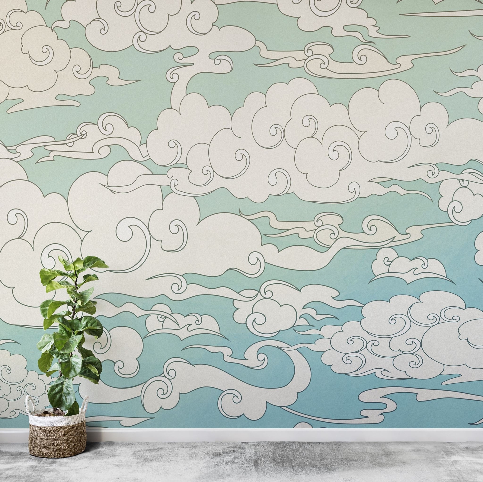 Japanese Traditional Curly Cloud in Sky Abstract Illustration Asian Decor Wall M