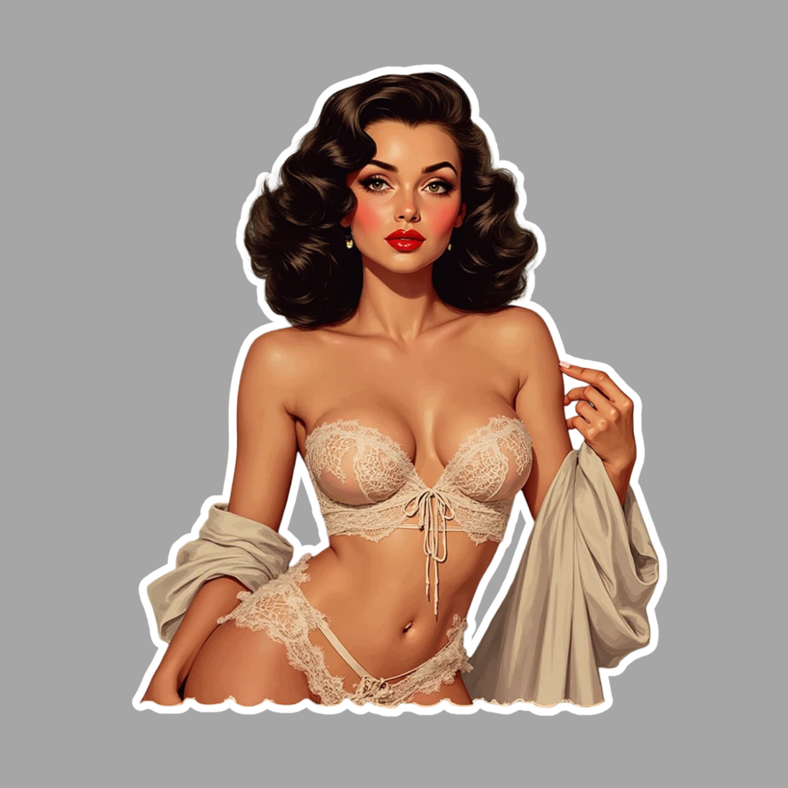 Pinup girl sticker vinyl decal lingerie robe vintage retro brunette red lipstick