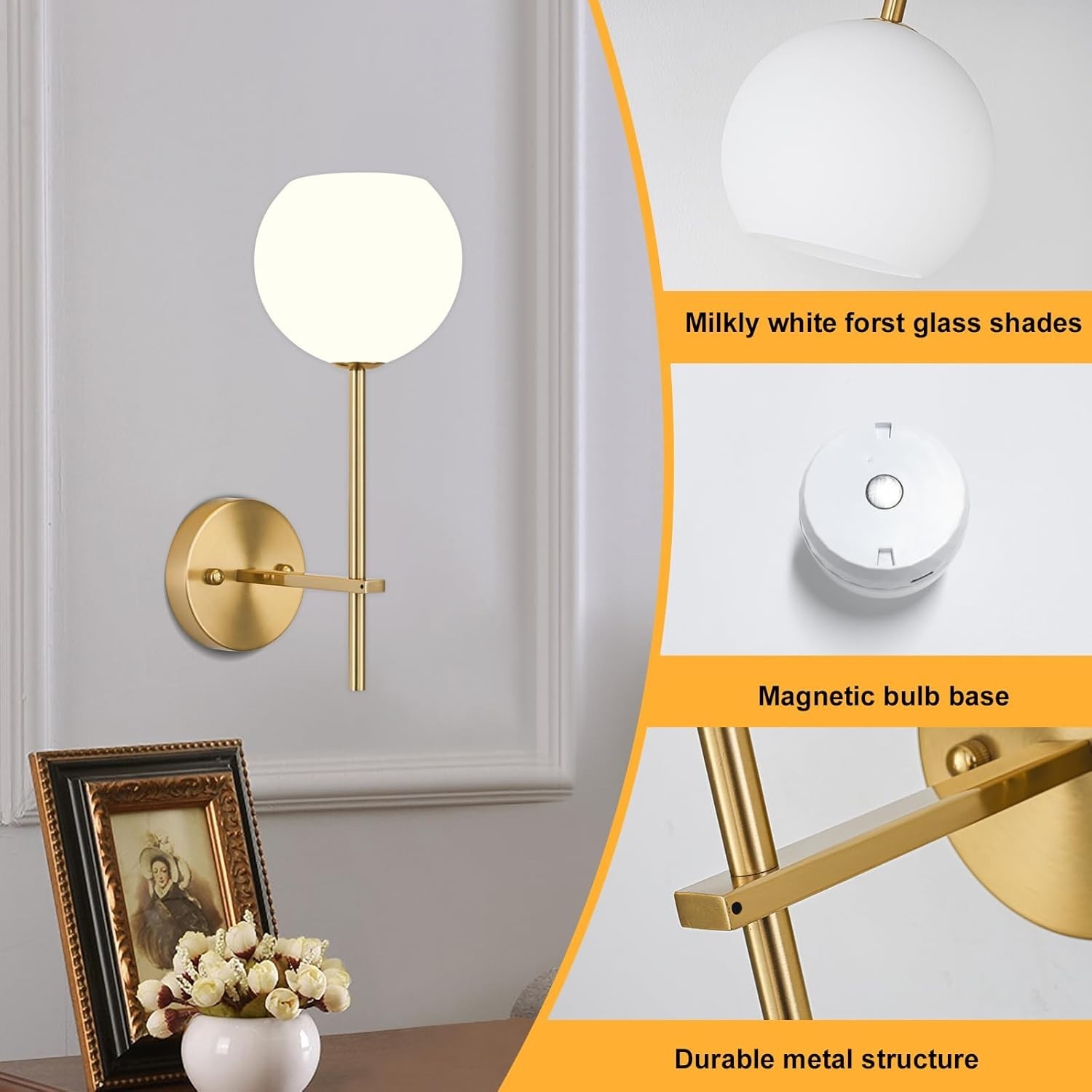 Gold Battery Operated Wall Sconces Set of 2, Rechargeable Wireless Wall Light…