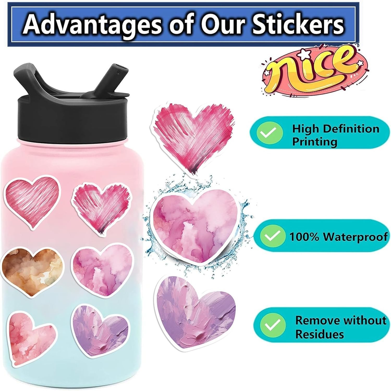 50pcs Love Heart Stickers for Teens Adults Kids Vinyl Waterproof Colorful Hea…