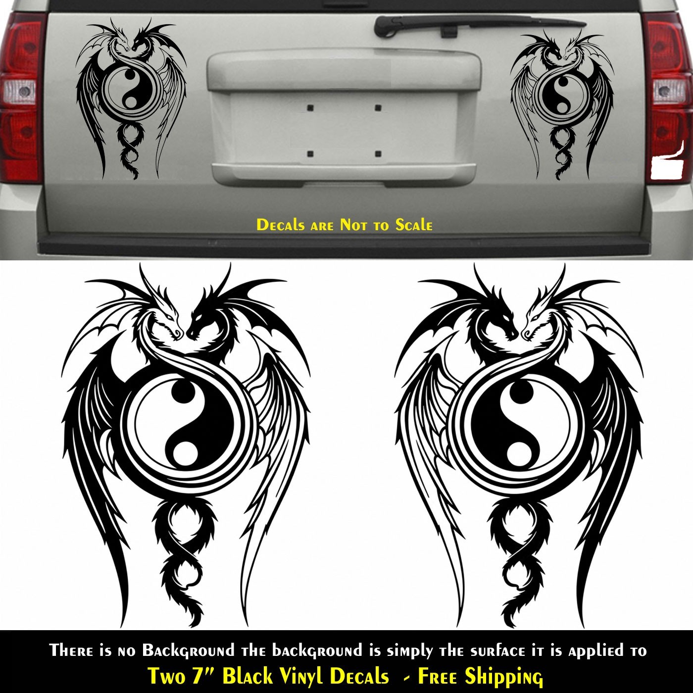 Ying Yang Dragons Two 7" Black Vinyl Decals Vehicles Window Any Flat Surface