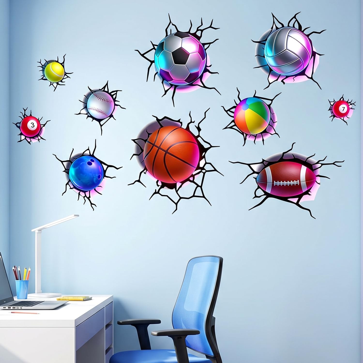 3D Sports Realistic Cracked Wall Decor Art Decals, 10 PCS
