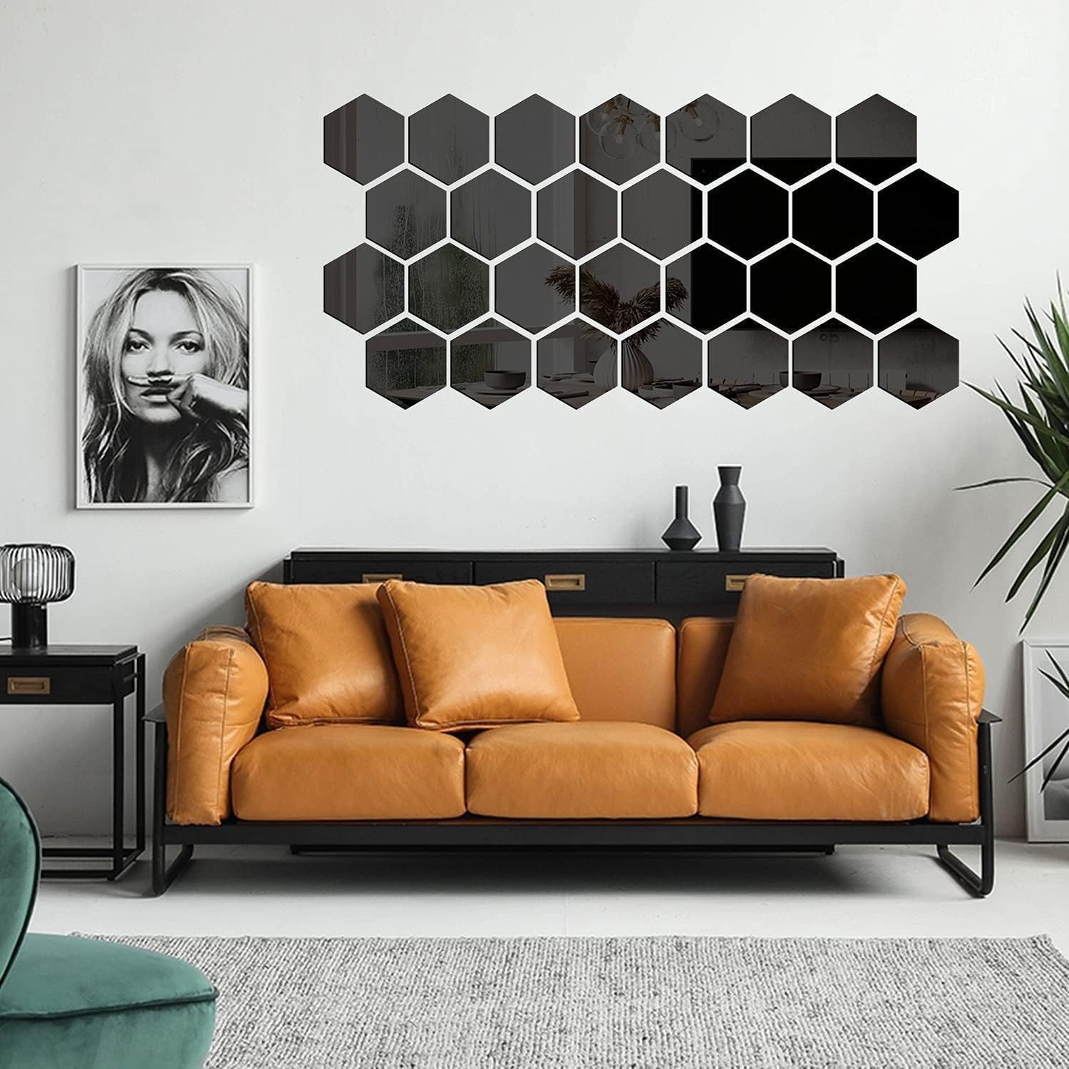 24Pcs Large Hexagonal Mirror Wall Stickers Boho Living Room Background Wall Art