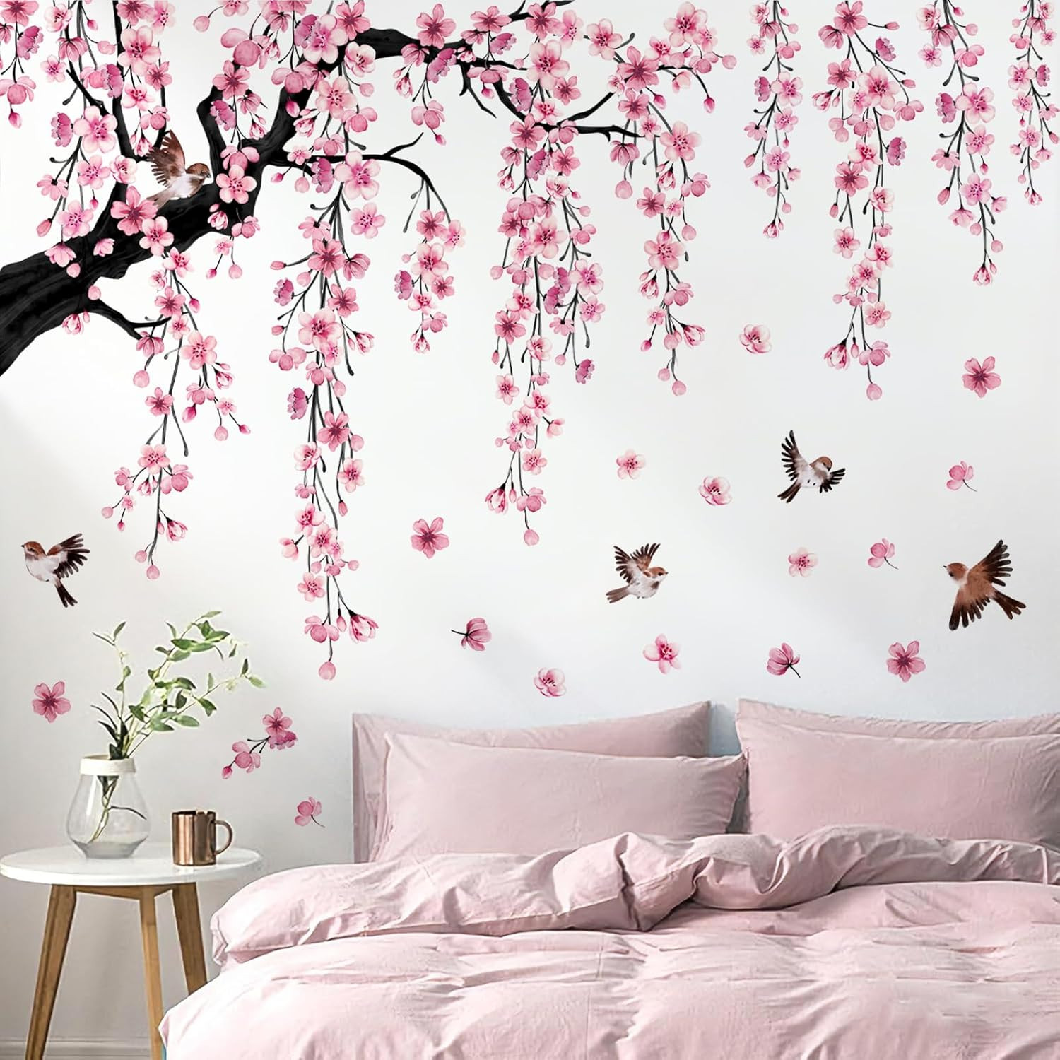Large Pink Cherry Blossom Branch Wall Stickers – Floral Bird Decals