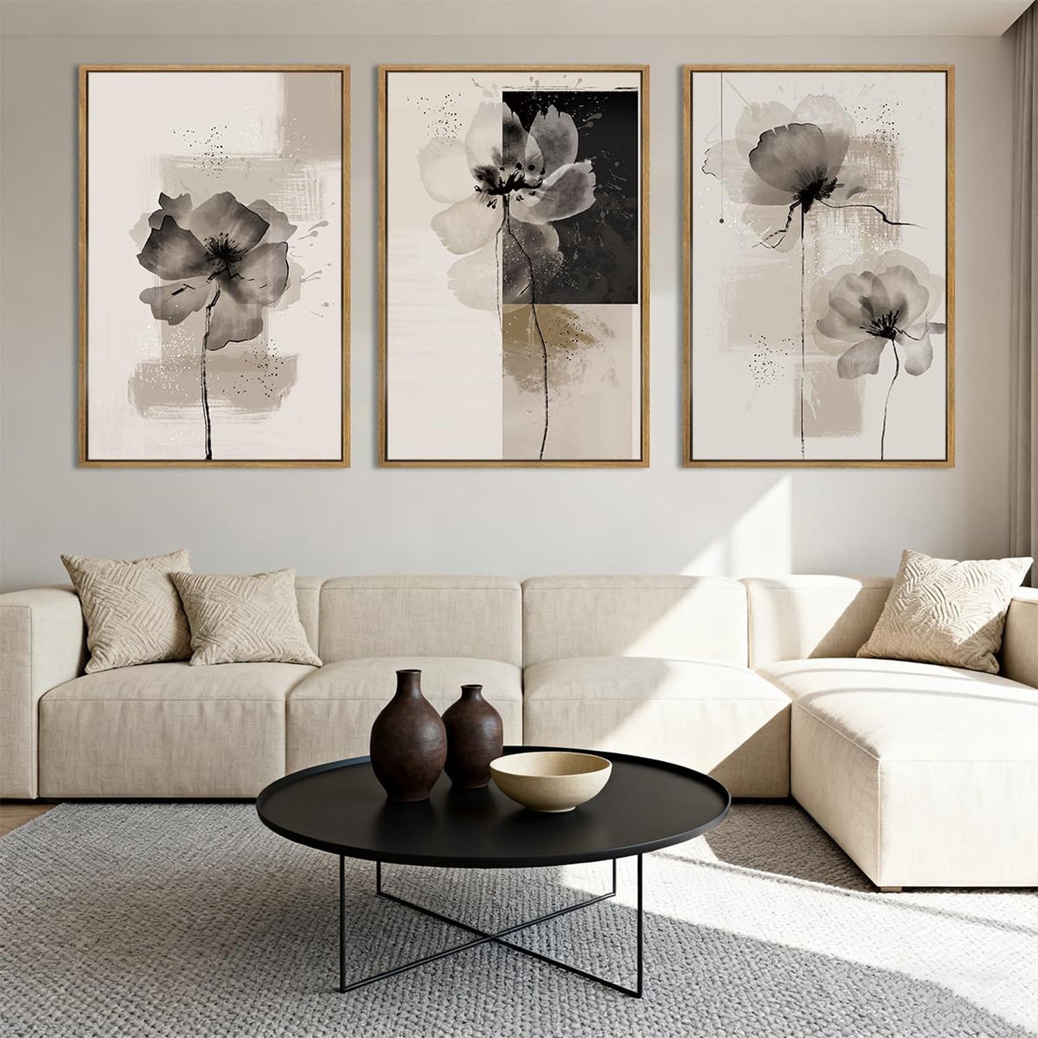 IARTTOP Extra Large Black Neutral Framed Wall Art 24×36 Inch Beige Tan Abstra…
