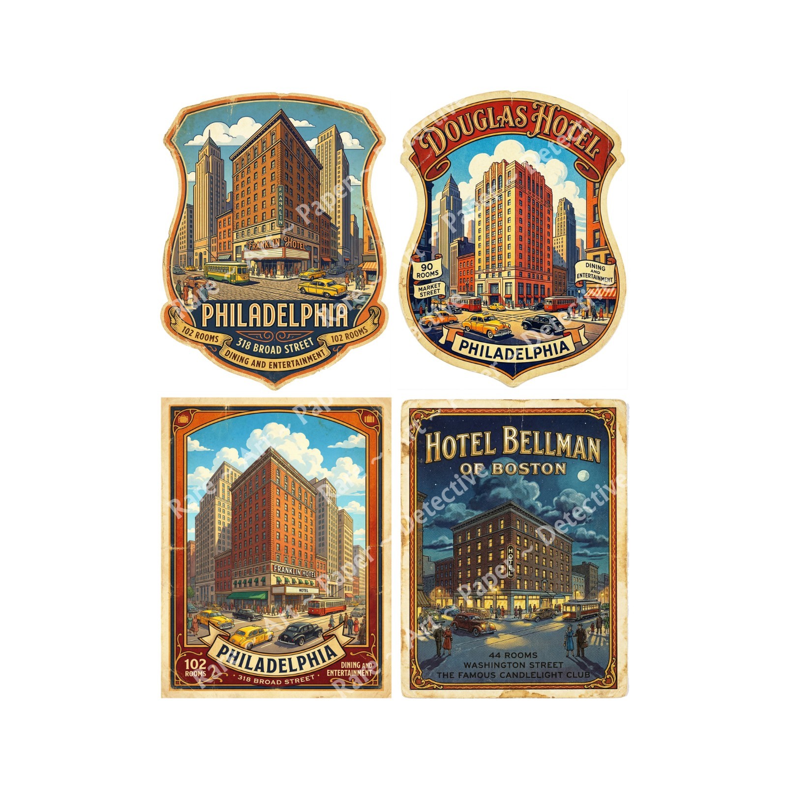 Vintage Nostalgic Hotel Luggage Stickers, 4 Retro Labels on 1 Cut & Peel Sheet